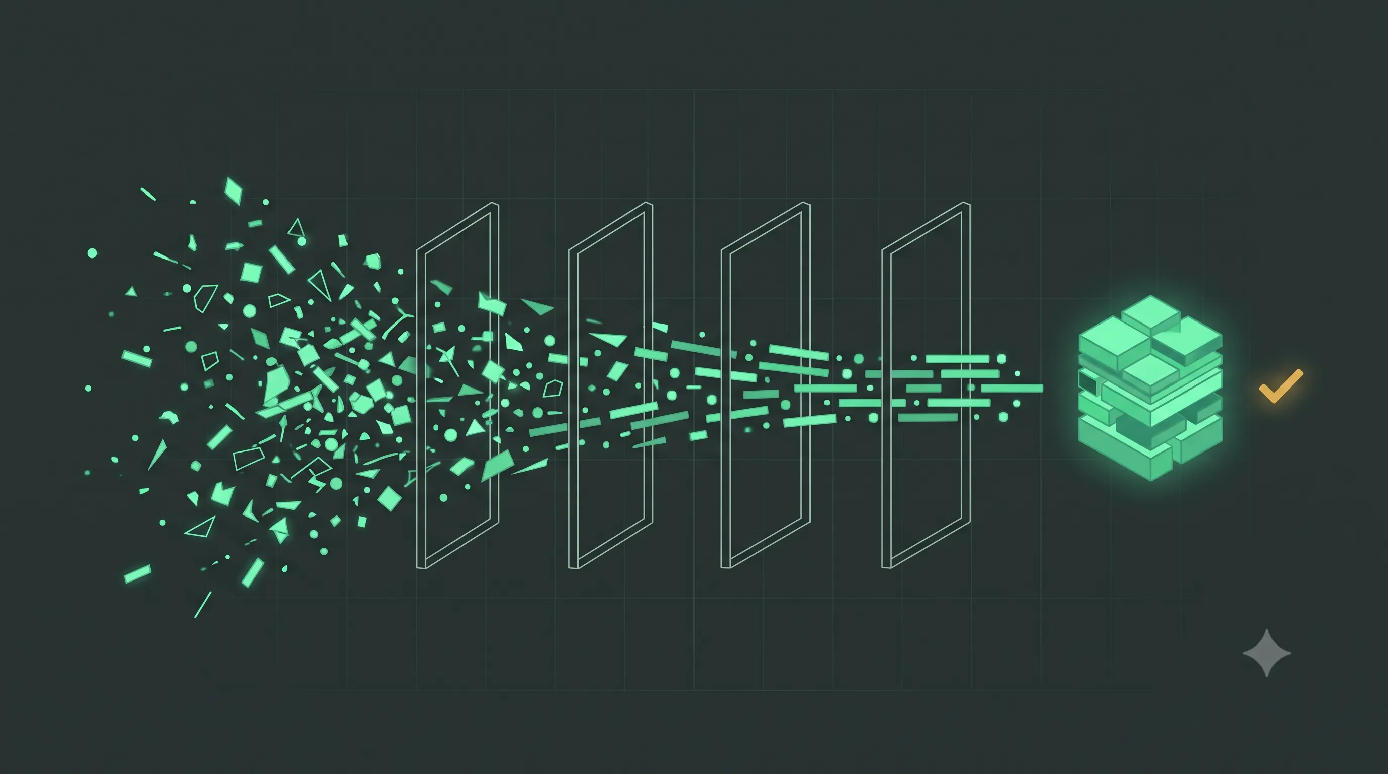 A fast, scattered swarm of glowing fragments streaming from the left, passing through four upright gate frames that straighten and align them, resolving into one precise stacked form with a single gold check beside it
