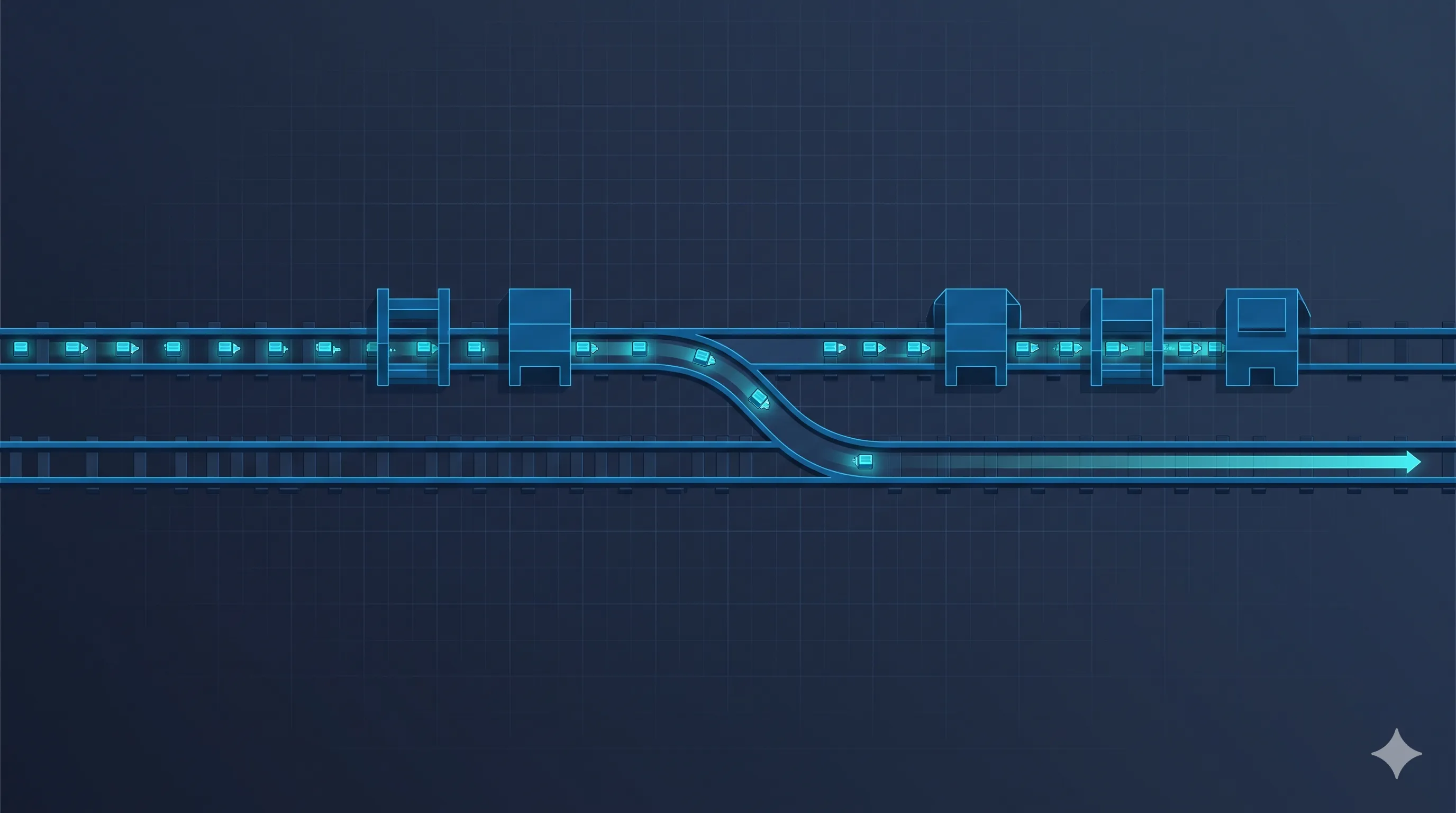 Two parallel rails — a success track and a failure track — with orders flowing left to right and one diverging at a switch onto the lower track