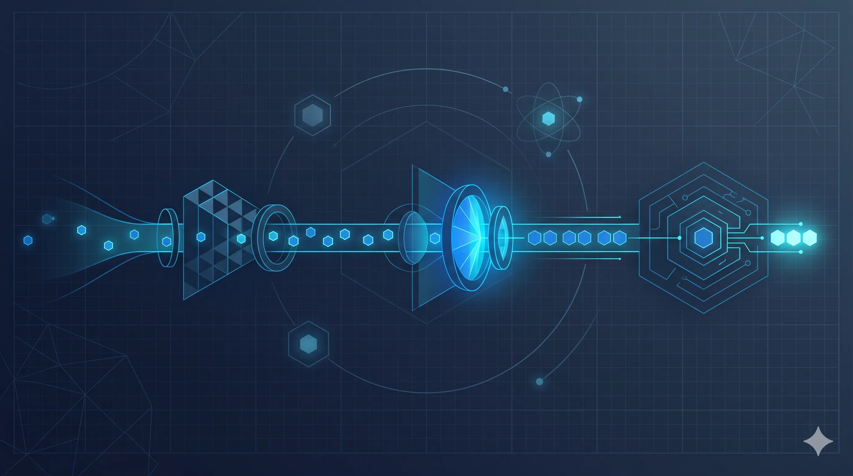 Data flowing through a pipeline of lenses — pure functions composing into a single stream