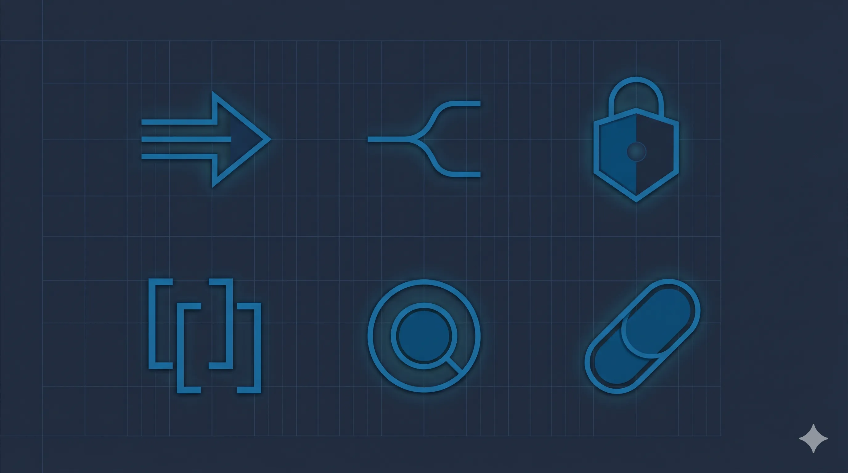 Six minimalist glyphs for the functional patterns — pipeline, branch, immutability, composition, higher-order, and closure